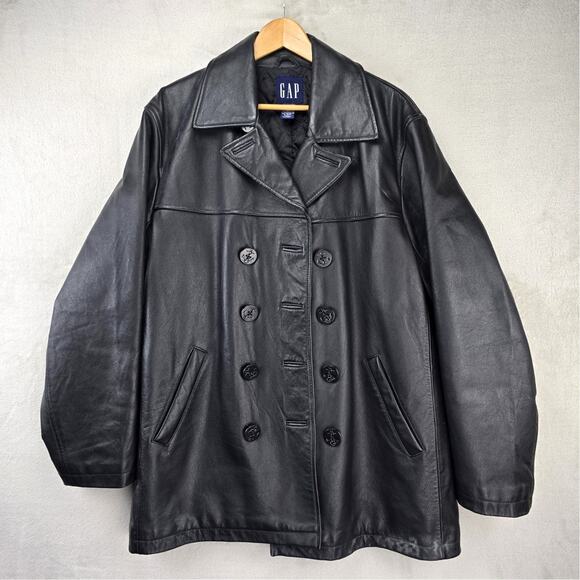 GAP Other - Vintage Gap Leather Jacket Mens Medium Black Peacoat Overcoat Y2K Quilted Lined